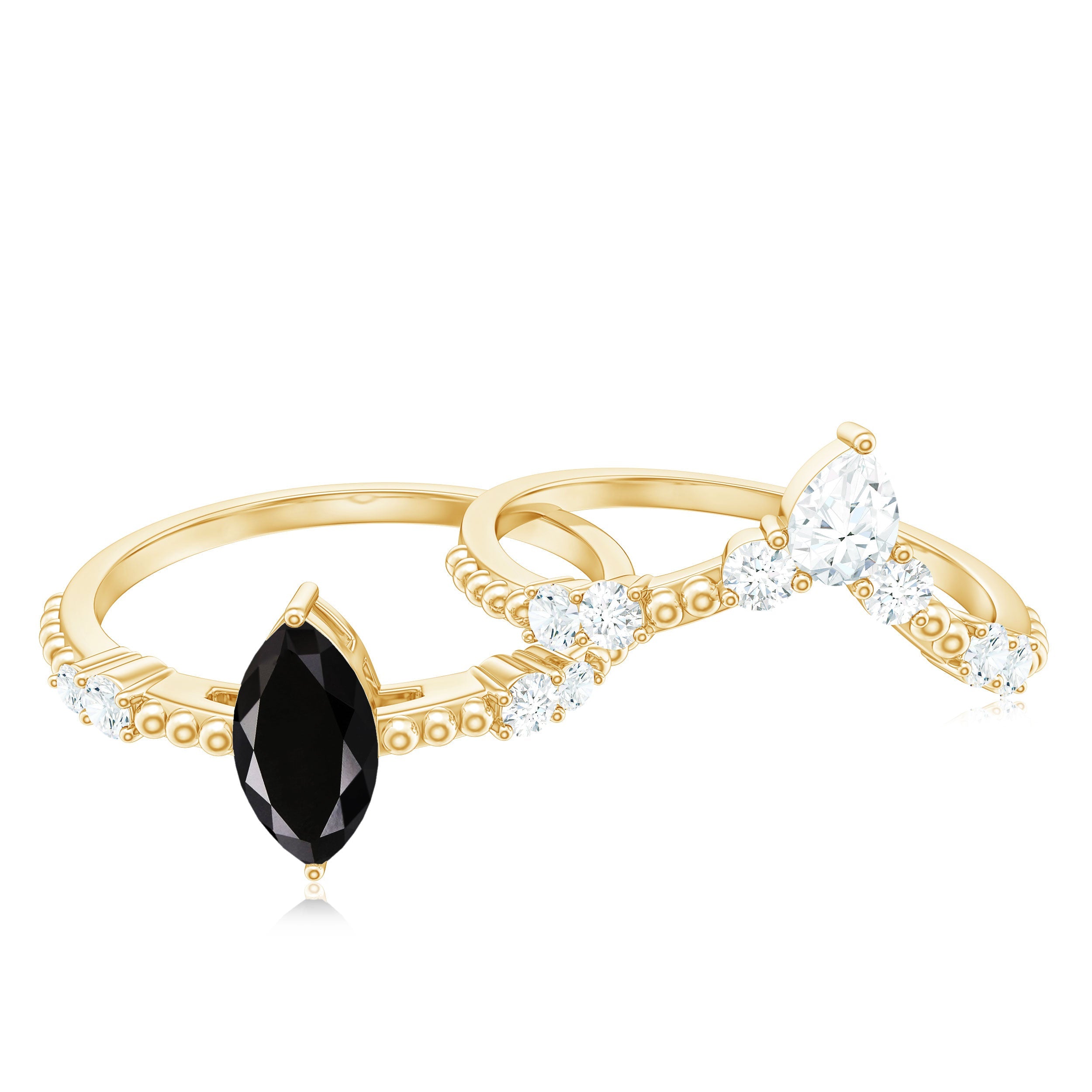 0.7 Carat Marquise Cut Black Onyx Solitaire Ring Set with Moissanite Band