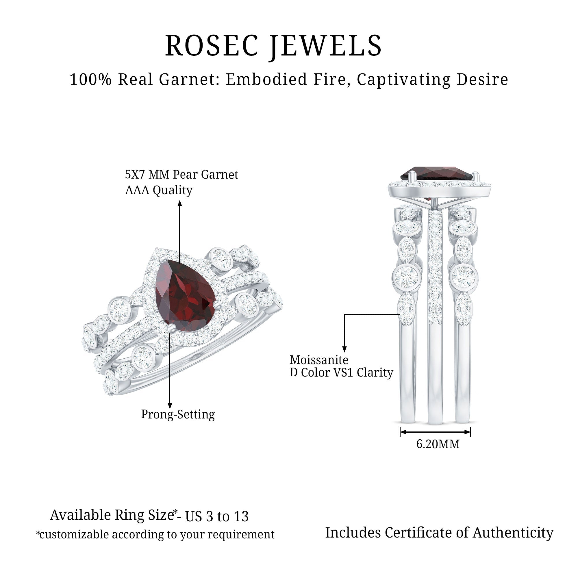 Real 0.8 Carat Pear Shape Garnet 3 Piece Wedding Ring Set