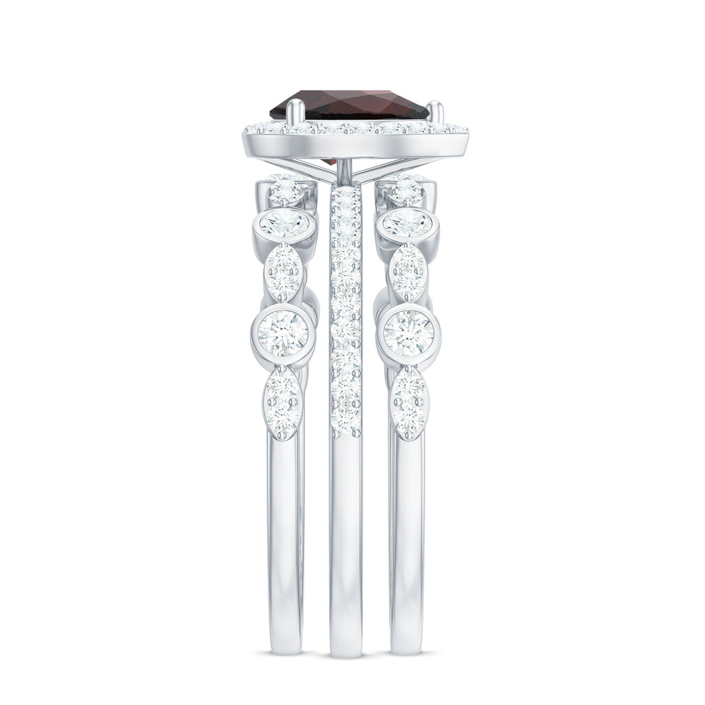 Real 0.8 Carat Pear Shape Garnet 3 Piece Wedding Ring Set
