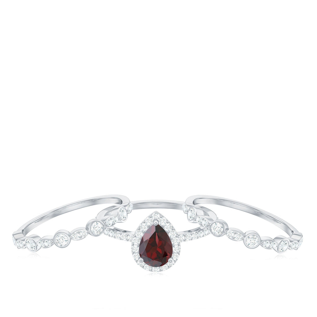 Real 0.8 Carat Pear Shape Garnet 3 Piece Wedding Ring Set