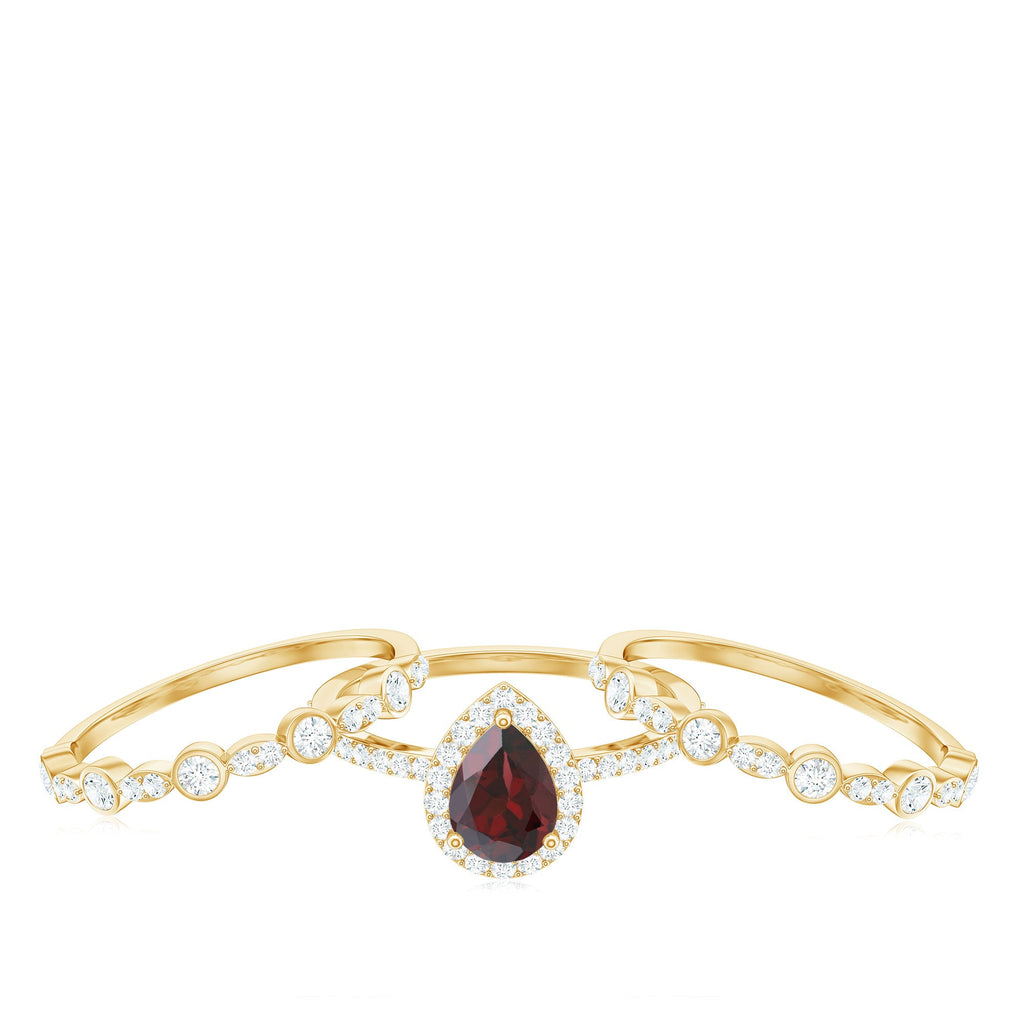 Real 0.8 Carat Pear Shape Garnet 3 Piece Wedding Ring Set