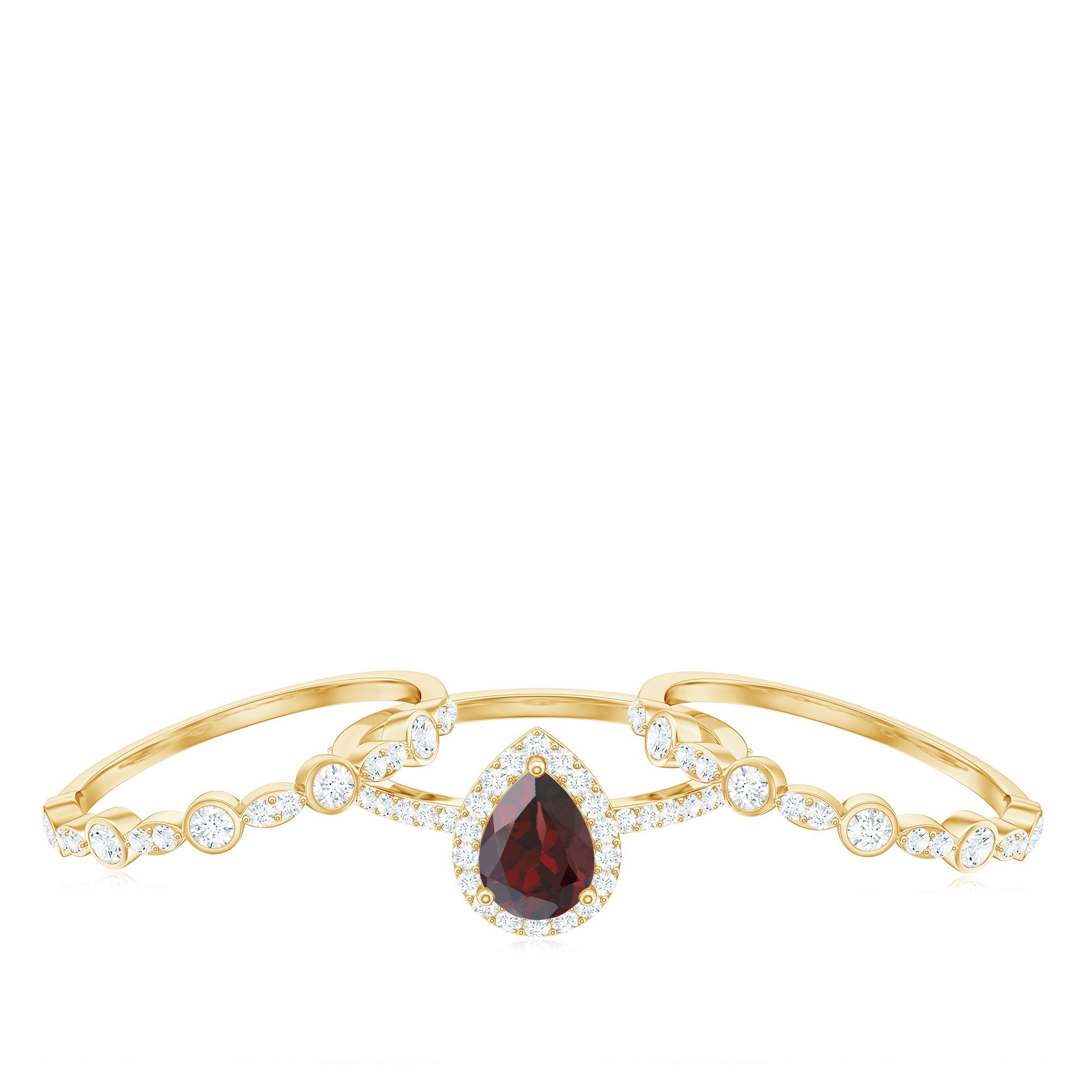 Real 0.8 Carat Pear Shape Garnet 3 Piece Wedding Ring Set