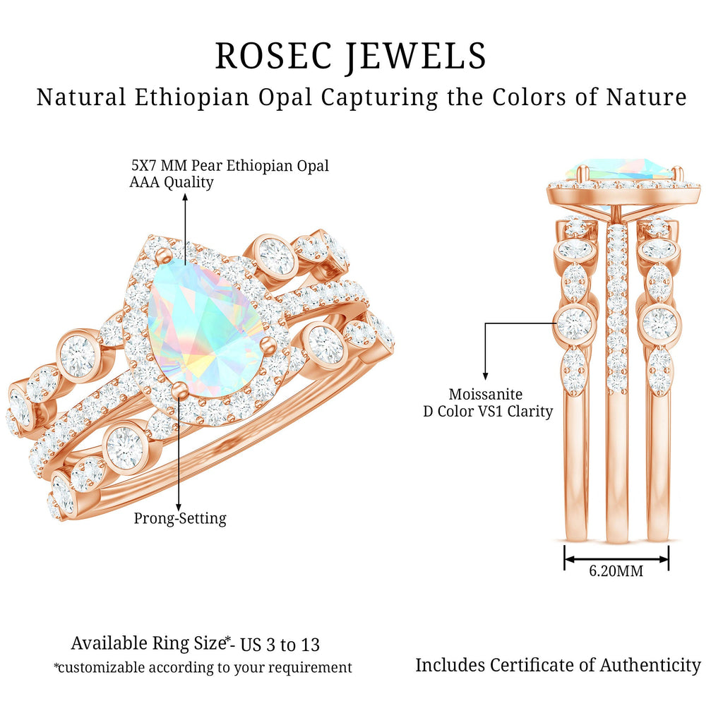 0.7 Carat Genuine Vintage Style Opalescent Teardrop Engagement Wedding Ring Set of 3