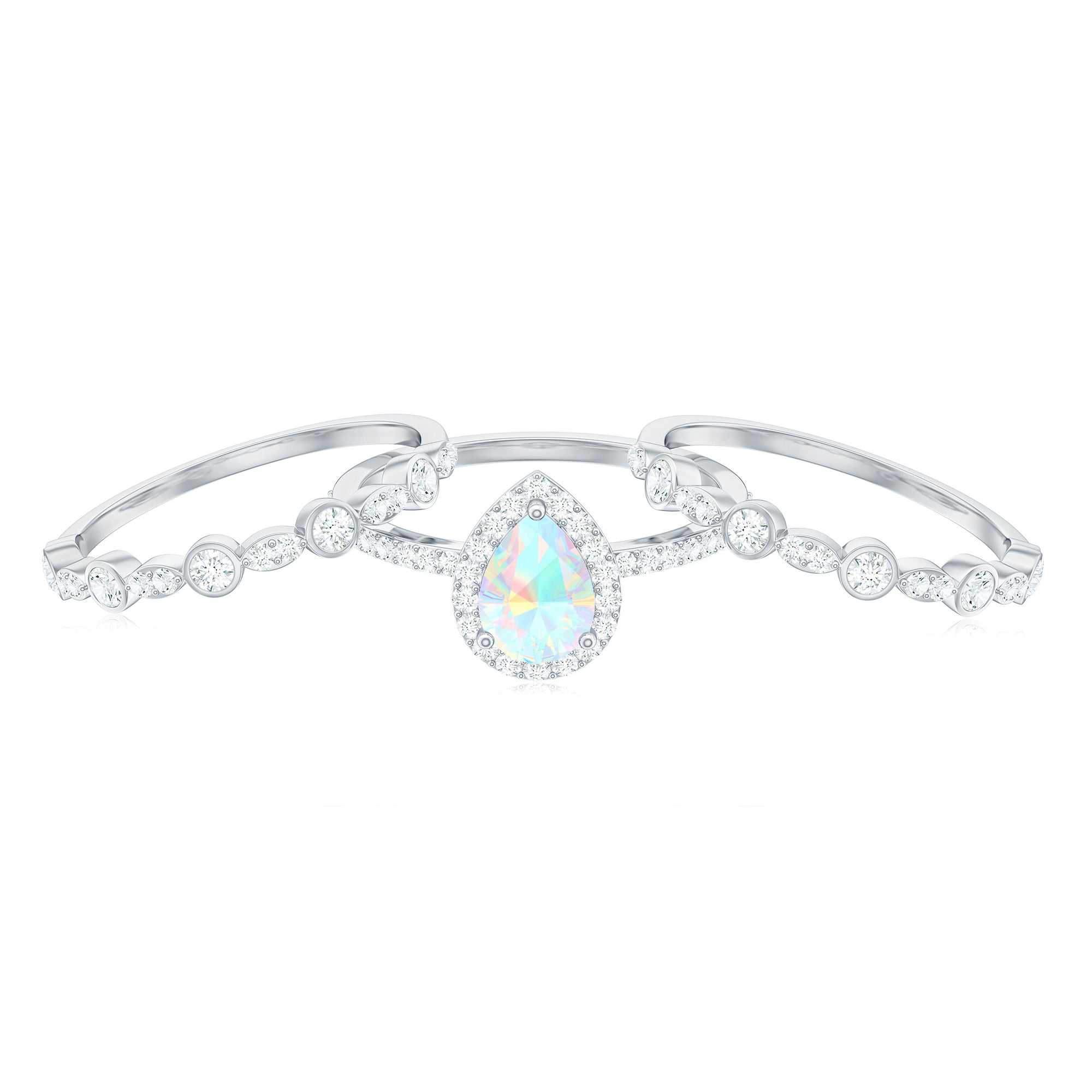0.7 Carat Genuine Vintage Style Opalescent Teardrop Engagement Wedding Ring Set of 3
