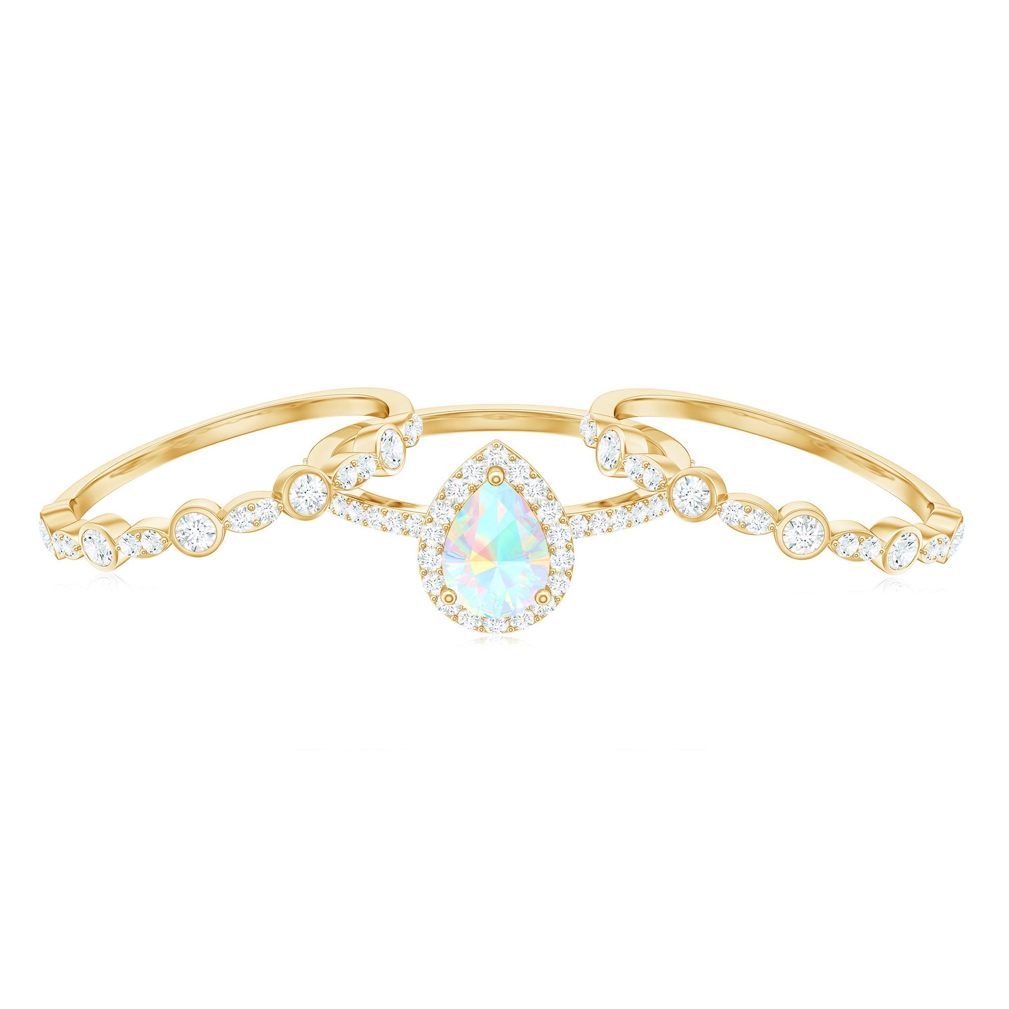 0.7 Carat Genuine Vintage Style Opalescent Teardrop Engagement Wedding Ring Set of 3