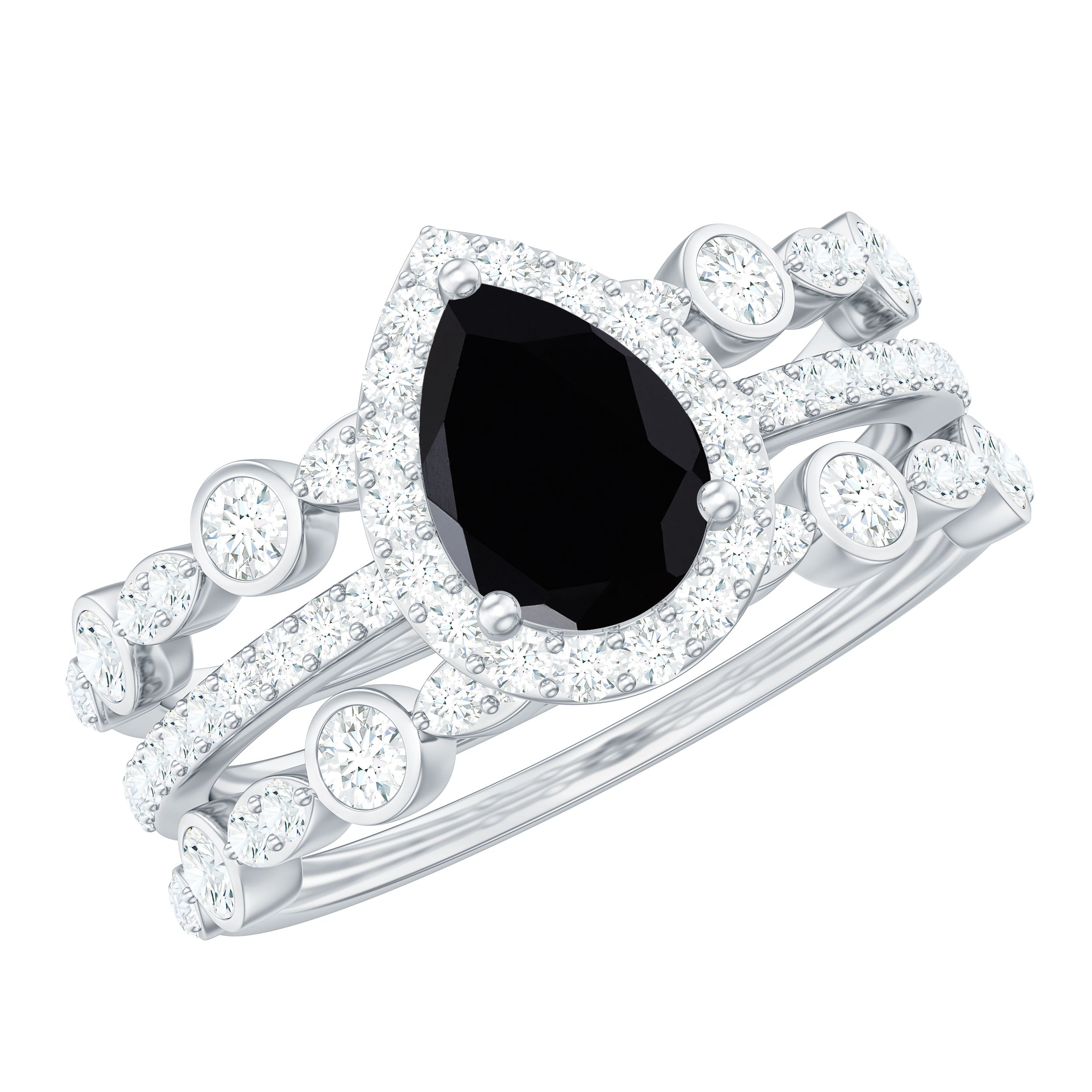 0.6 Carat Natural Pear Shape Black Spinel Moissanite Bridal Ring Set of 3