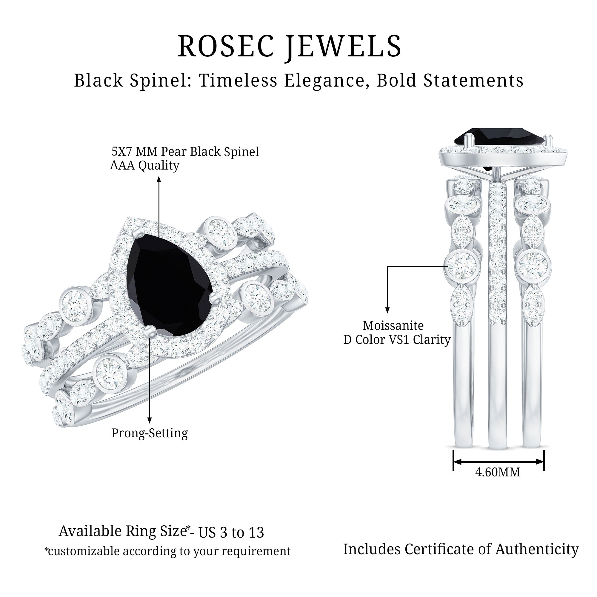 0.6 Carat Natural Pear Shape Black Spinel Moissanite Bridal Ring Set of 3