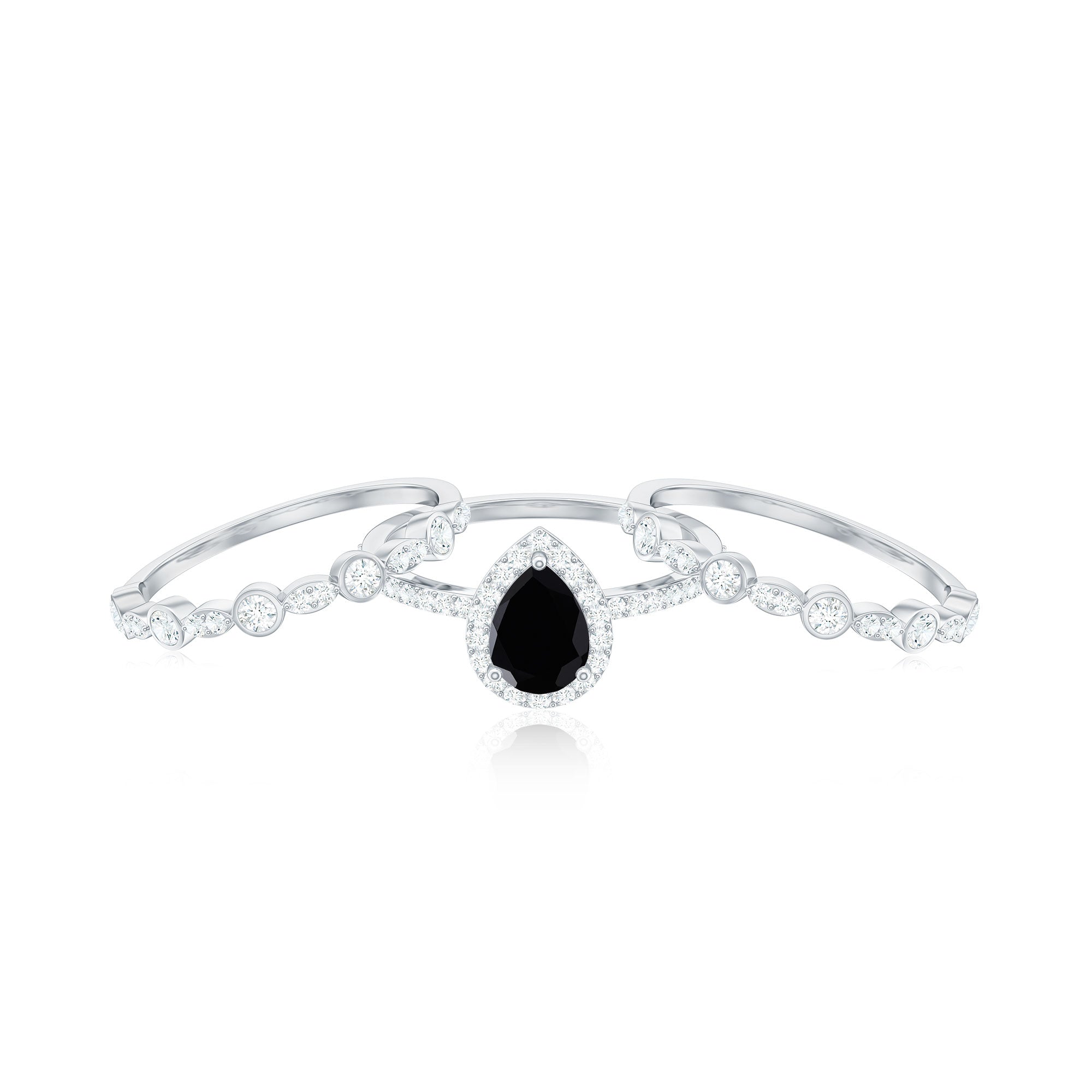 0.6 Carat Natural Pear Shape Black Spinel Moissanite Bridal Ring Set of 3