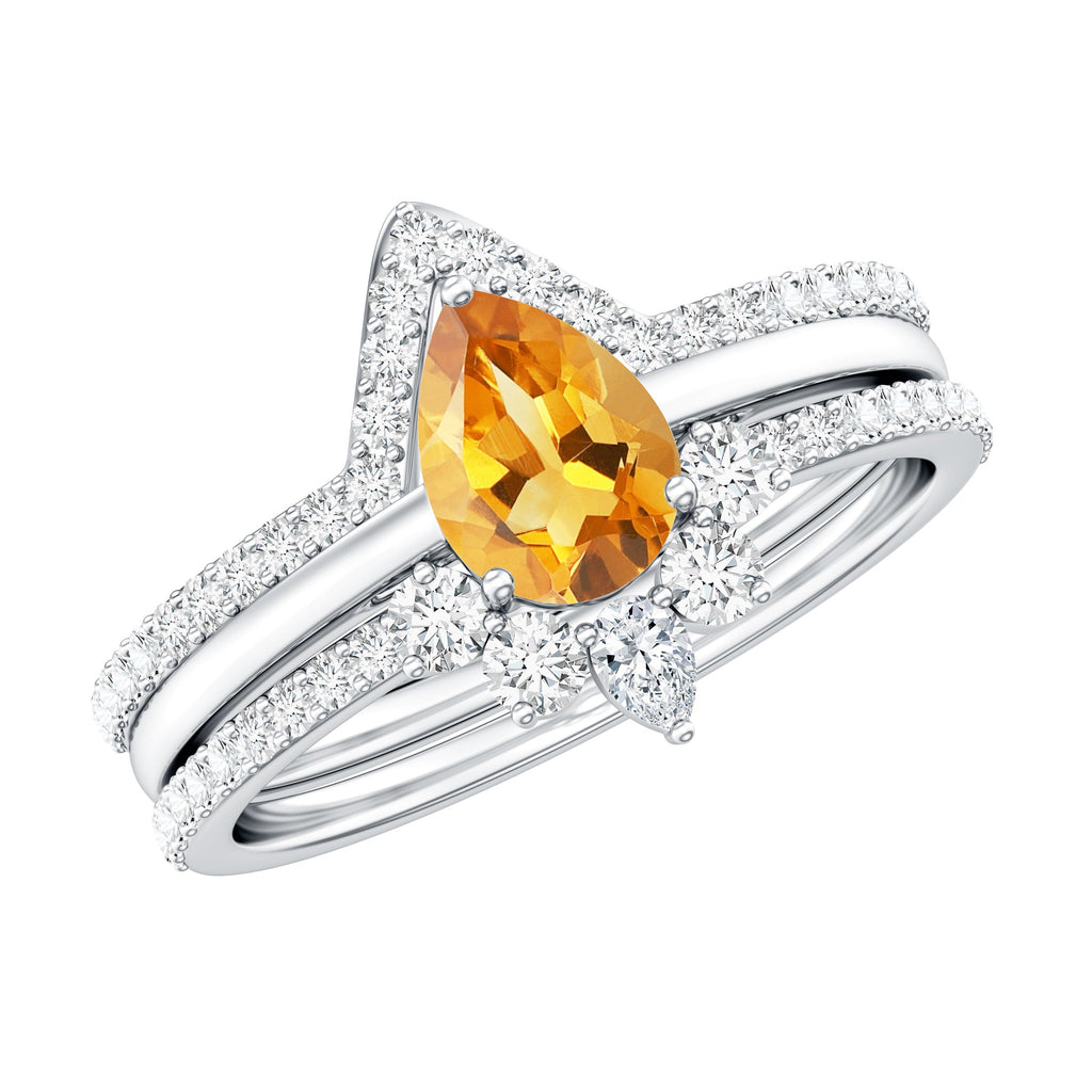 Natural 0.6 Carat Pear Shape Citrine Wedding Bridal Ring Set of 3 with Certificate