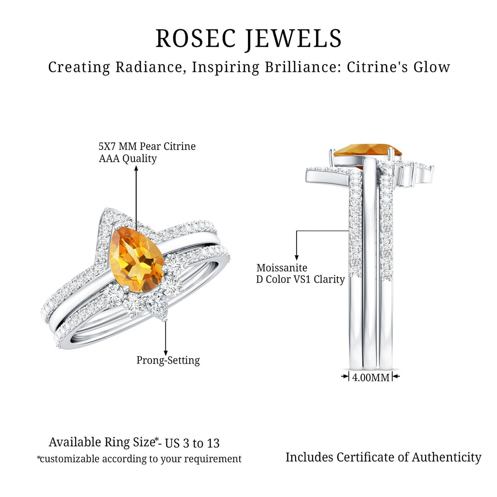 Natural 0.6 Carat Pear Shape Citrine Wedding Bridal Ring Set of 3 with Certificate