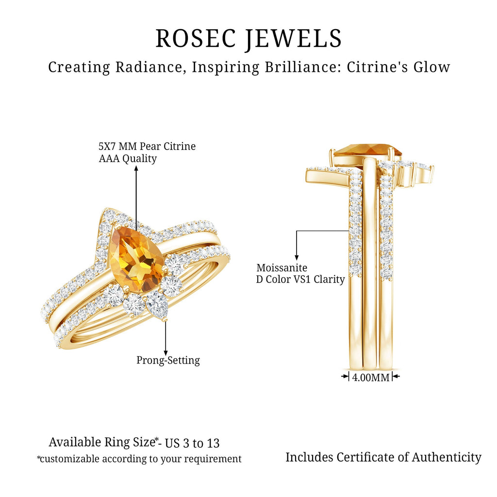 Natural 0.6 Carat Pear Shape Citrine Wedding Bridal Ring Set of 3 with Certificate