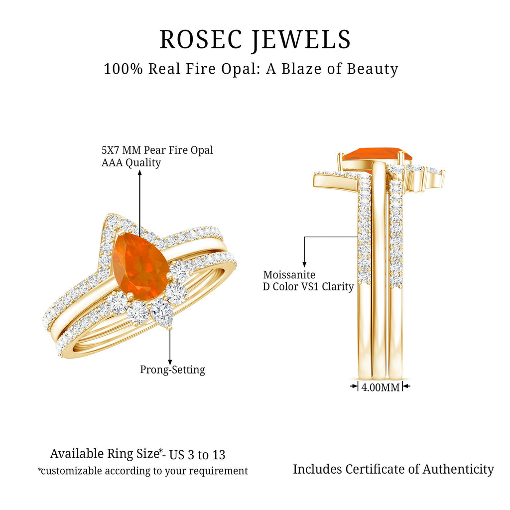 Pear Cut Fire Opal Trio Wedding Ring Set with Moissanite