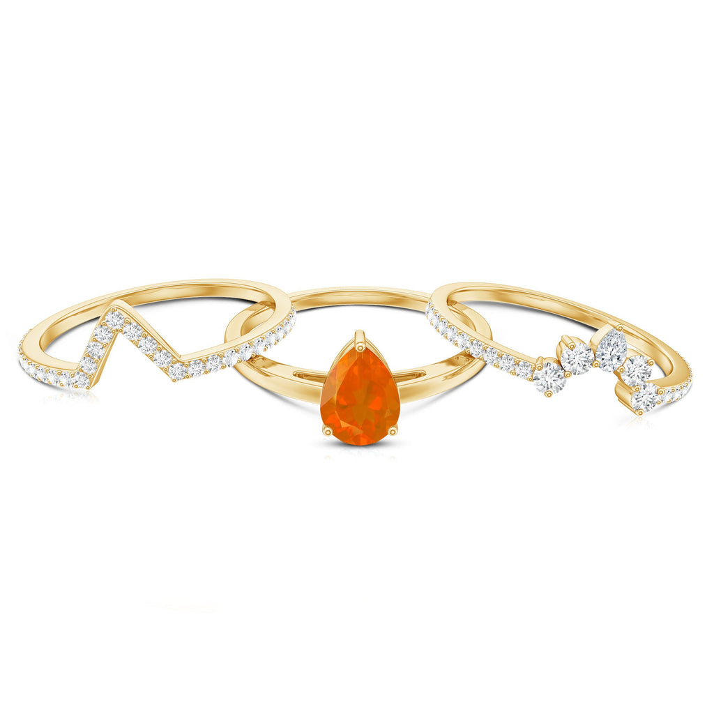 Pear Cut Fire Opal Trio Wedding Ring Set with Moissanite