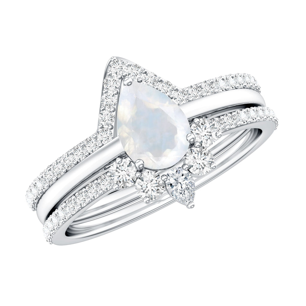 Pear Cut Moonstone Trio Wedding Ring Set with Moissanite