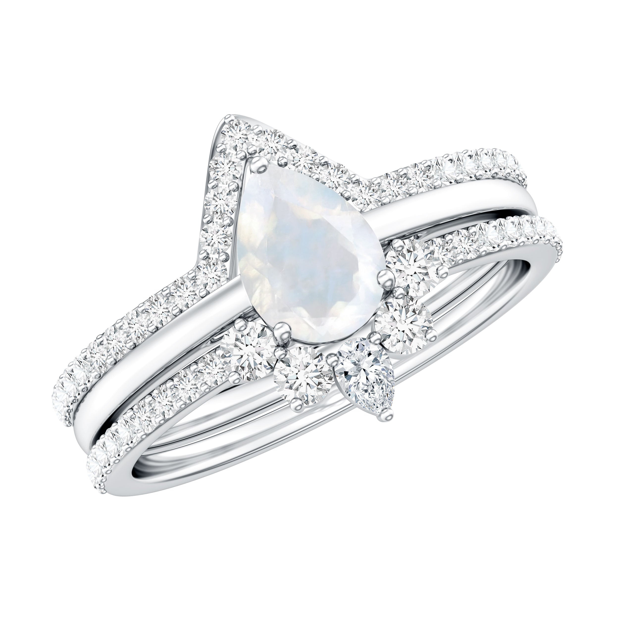 Pear Cut Moonstone Trio Wedding Ring Set with Moissanite