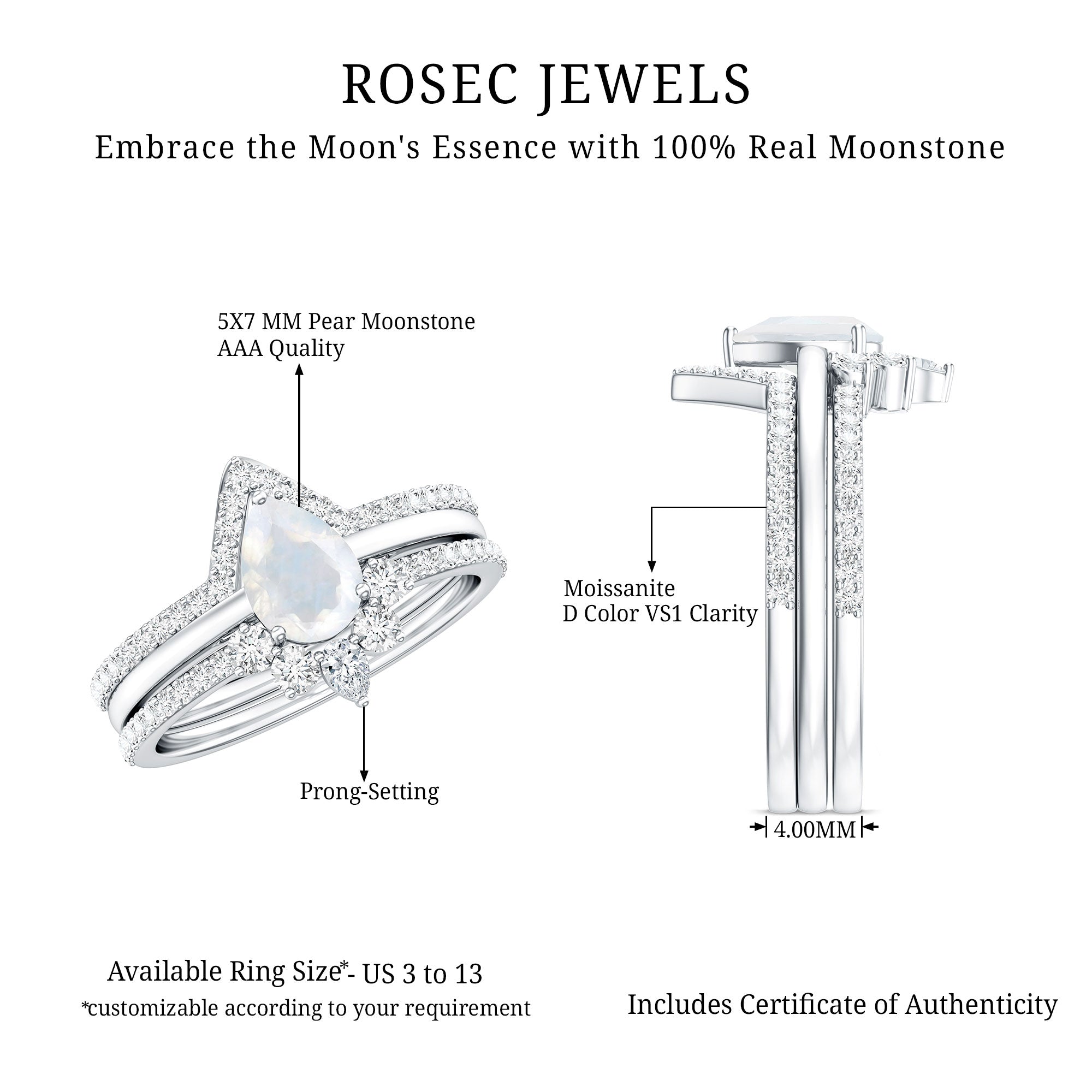 Pear Cut Moonstone Trio Wedding Ring Set with Moissanite