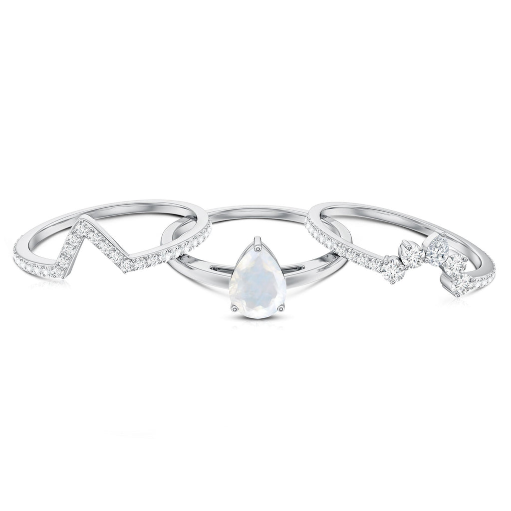 Pear Cut Moonstone Trio Wedding Ring Set with Moissanite