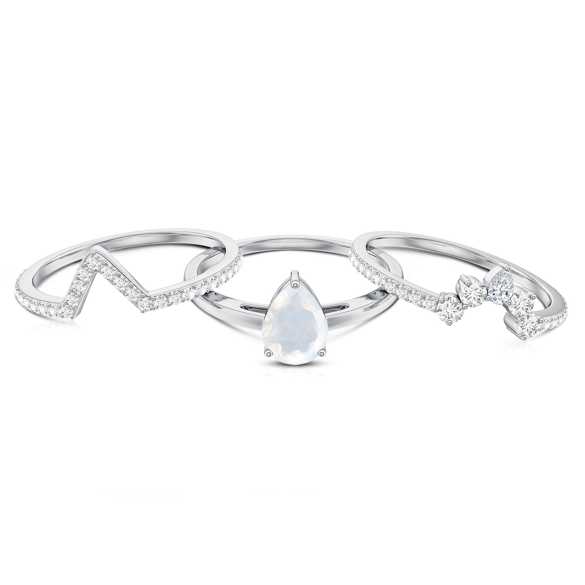 Pear Cut Moonstone Trio Wedding Ring Set with Moissanite