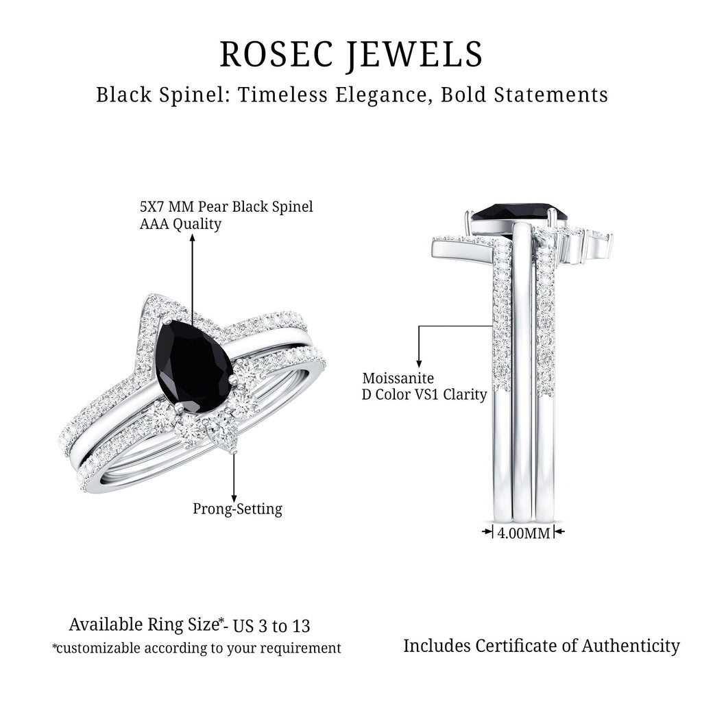 Certified 0.6 Carat Natural Black Spinel 3 Piece Wedding Ring Set with Moissanite