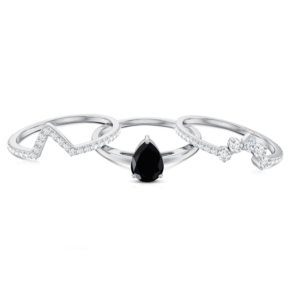 Certified 0.6 Carat Natural Black Spinel 3 Piece Wedding Ring Set with Moissanite