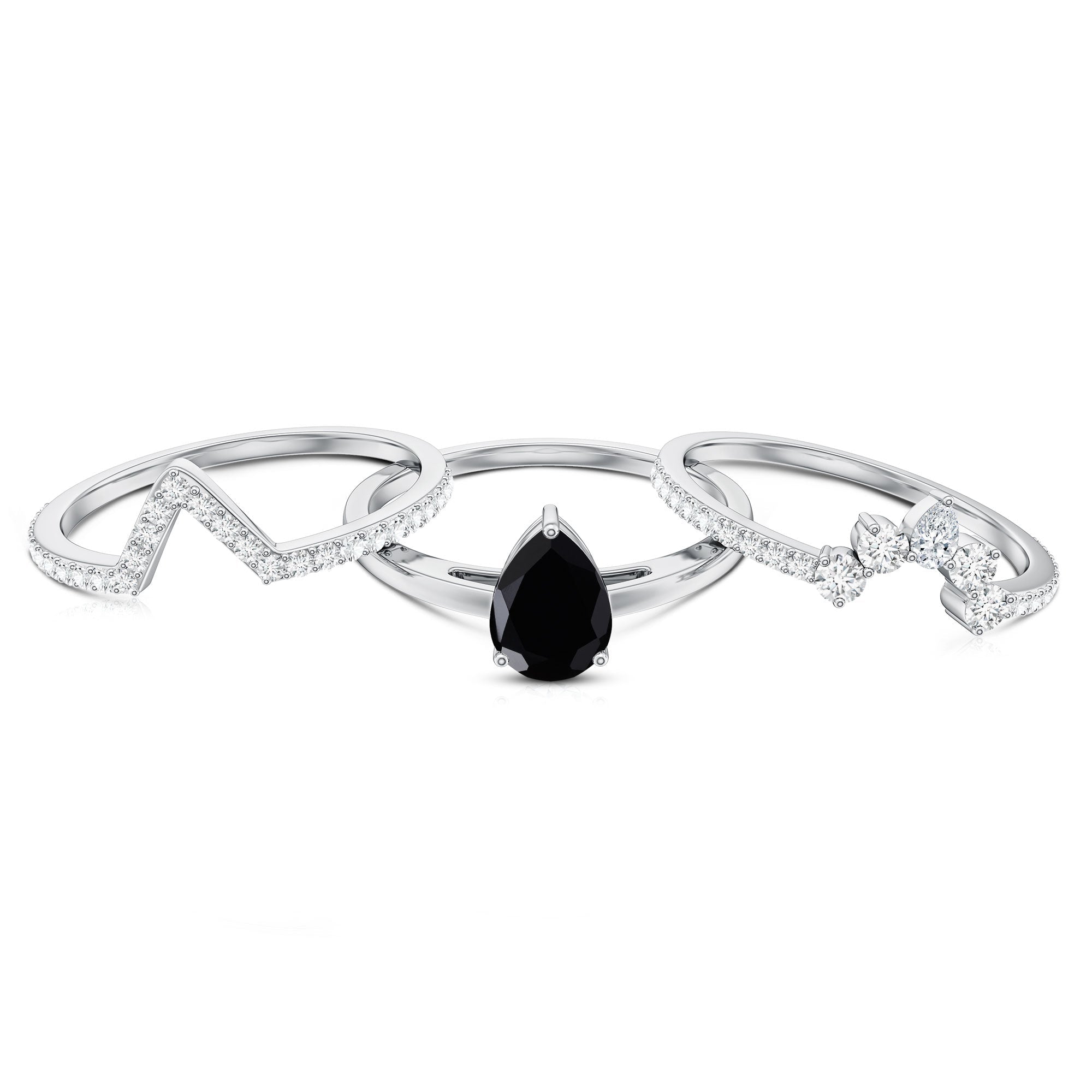 Certified 0.6 Carat Natural Black Spinel 3 Piece Wedding Ring Set with Moissanite