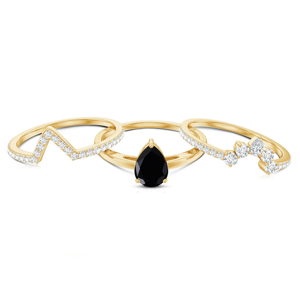 Certified 0.6 Carat Natural Black Spinel 3 Piece Wedding Ring Set with Moissanite