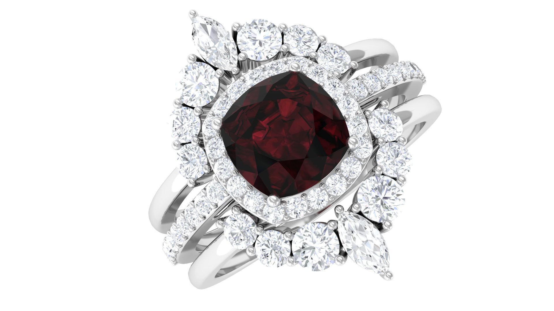 Natural 3.2 Carat Cushion Cut Garnet Statement Bridal Ring Set