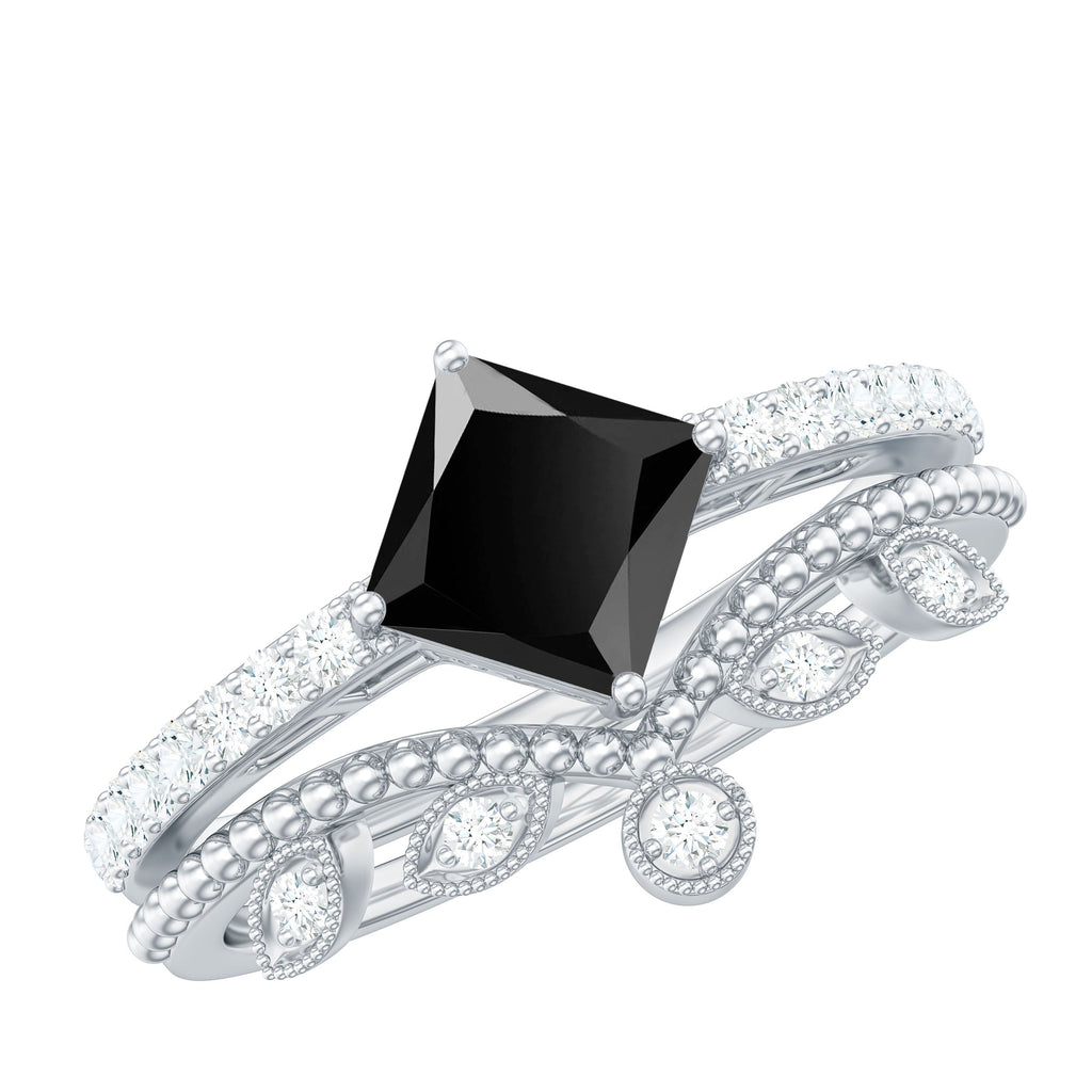 0.5 Carat Princess Cut Black Onyx Engagement Ring with Diamond Wedding Band