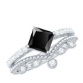 0.5 Carat Princess Cut Black Onyx Engagement Ring with Diamond Wedding Band