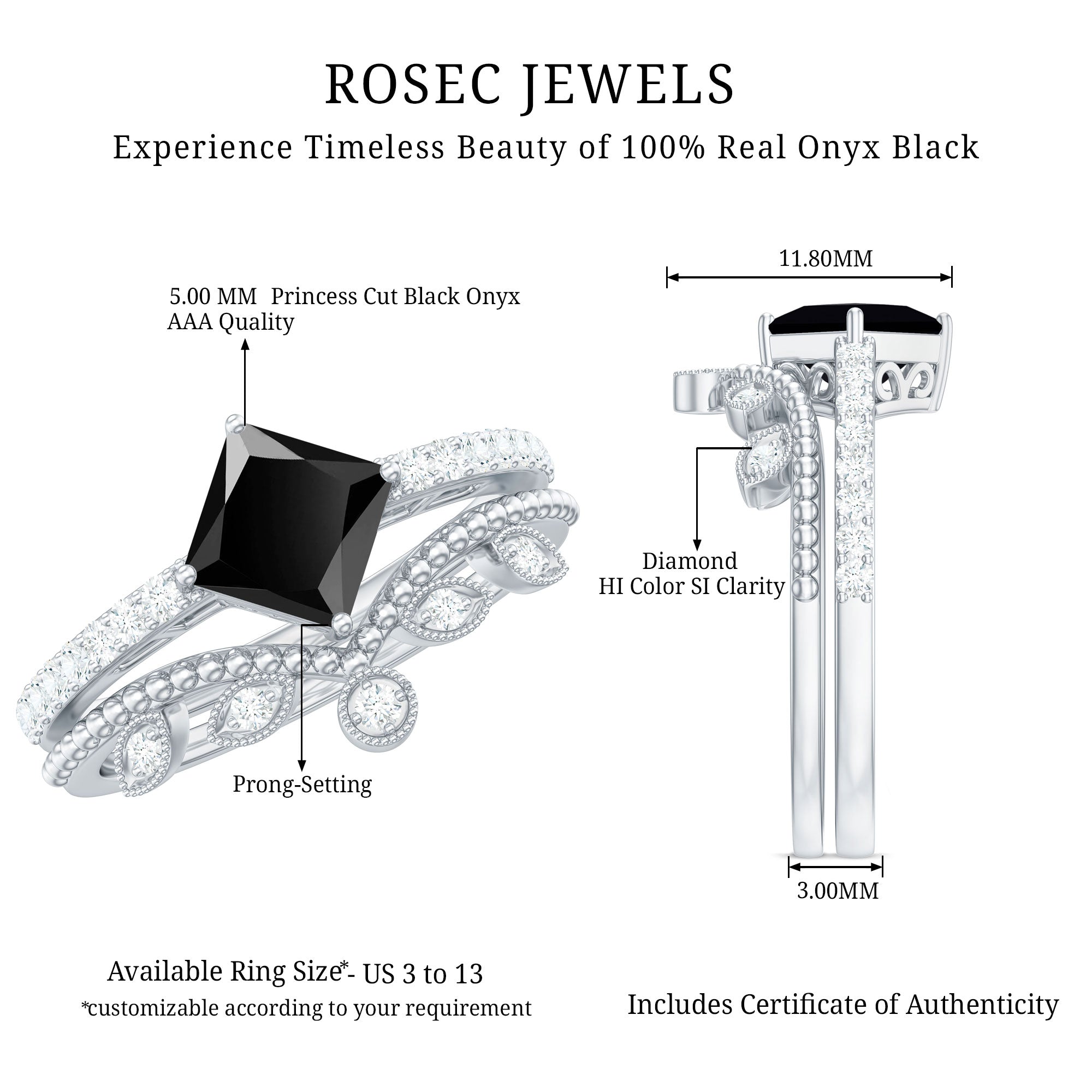 0.5 Carat Princess Cut Black Onyx Engagement Ring with Diamond Wedding Band