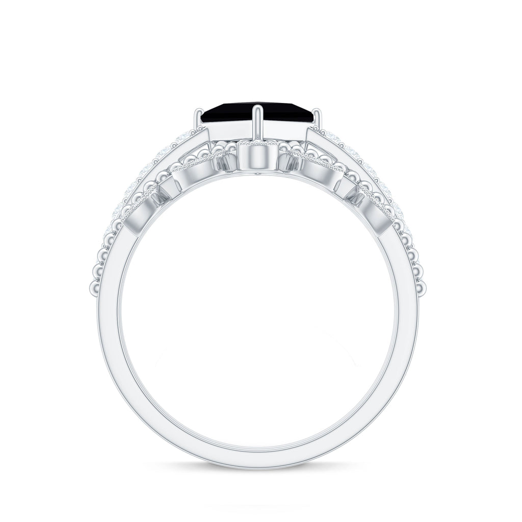 0.5 Carat Princess Cut Black Onyx Engagement Ring with Diamond Wedding Band
