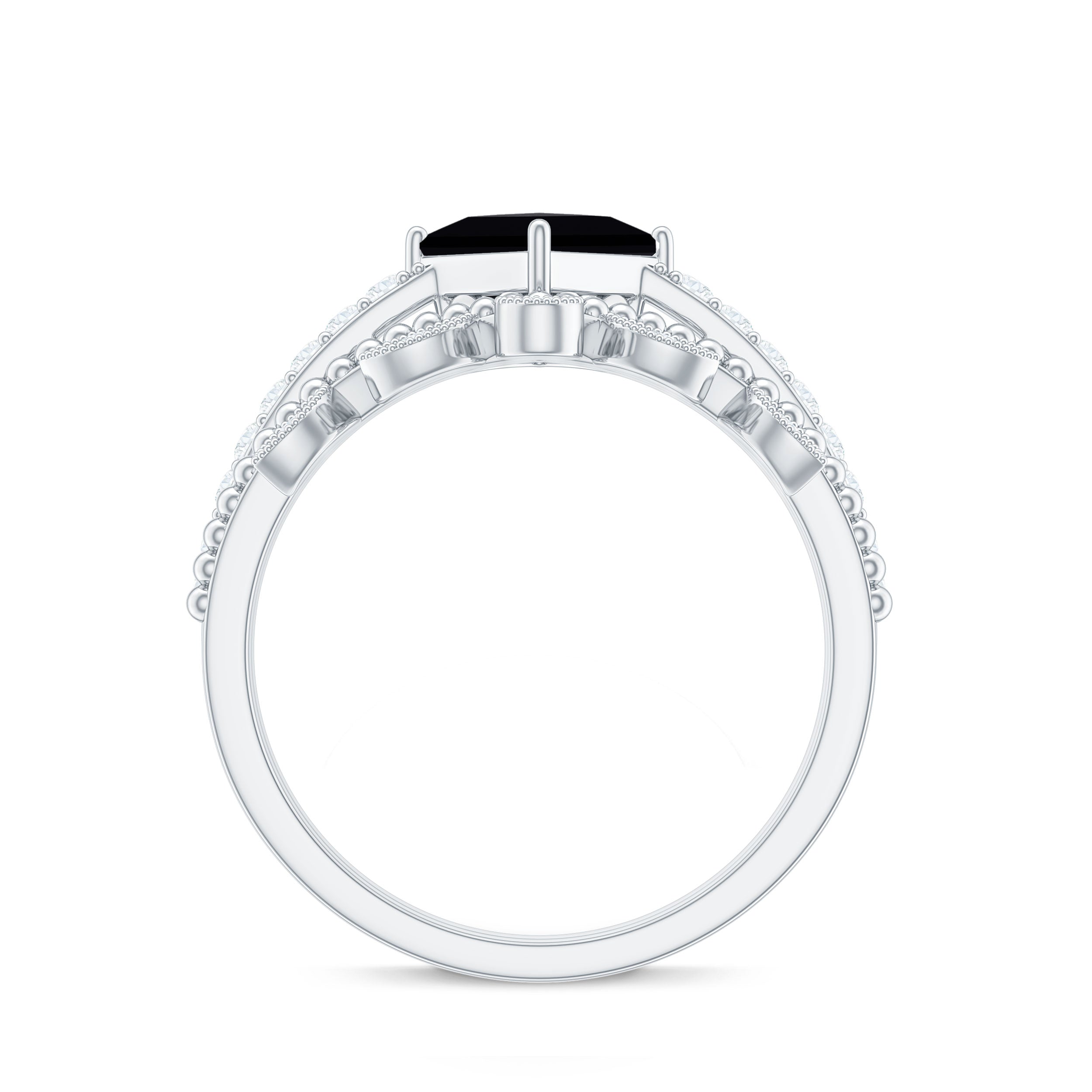 0.5 Carat Princess Cut Black Onyx Engagement Ring with Diamond Wedding Band