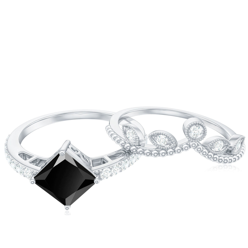 0.5 Carat Princess Cut Black Onyx Engagement Ring with Diamond Wedding Band