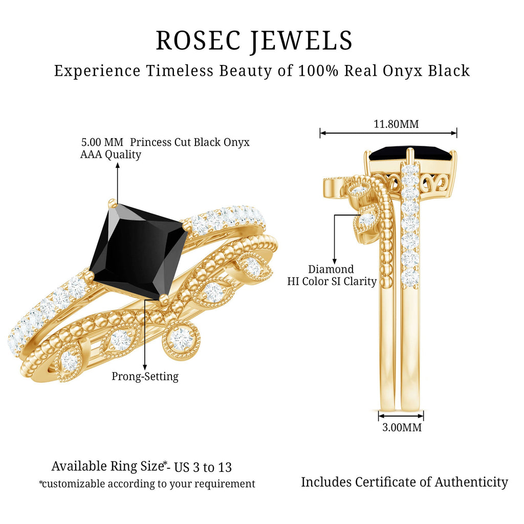 0.5 Carat Princess Cut Black Onyx Engagement Ring with Diamond Wedding Band