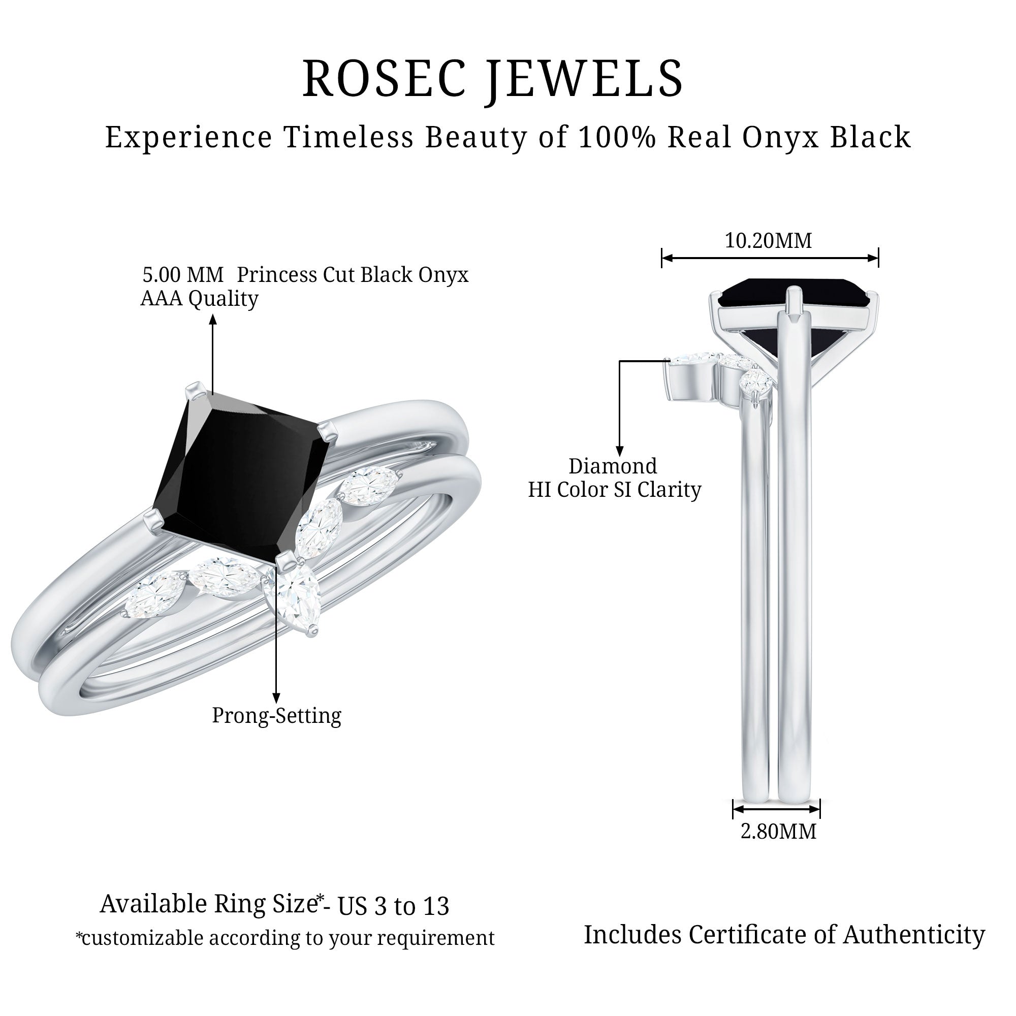 0.5 Carat Princess Cut Black Onyx Solitaire Rings Set with Diamond Enhancer