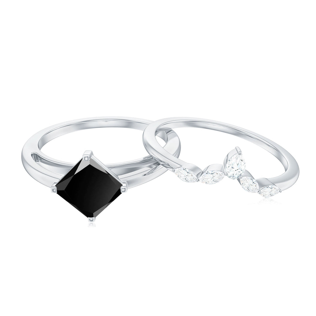 0.5 Carat Princess Cut Black Onyx Solitaire Rings Set with Diamond Enhancer
