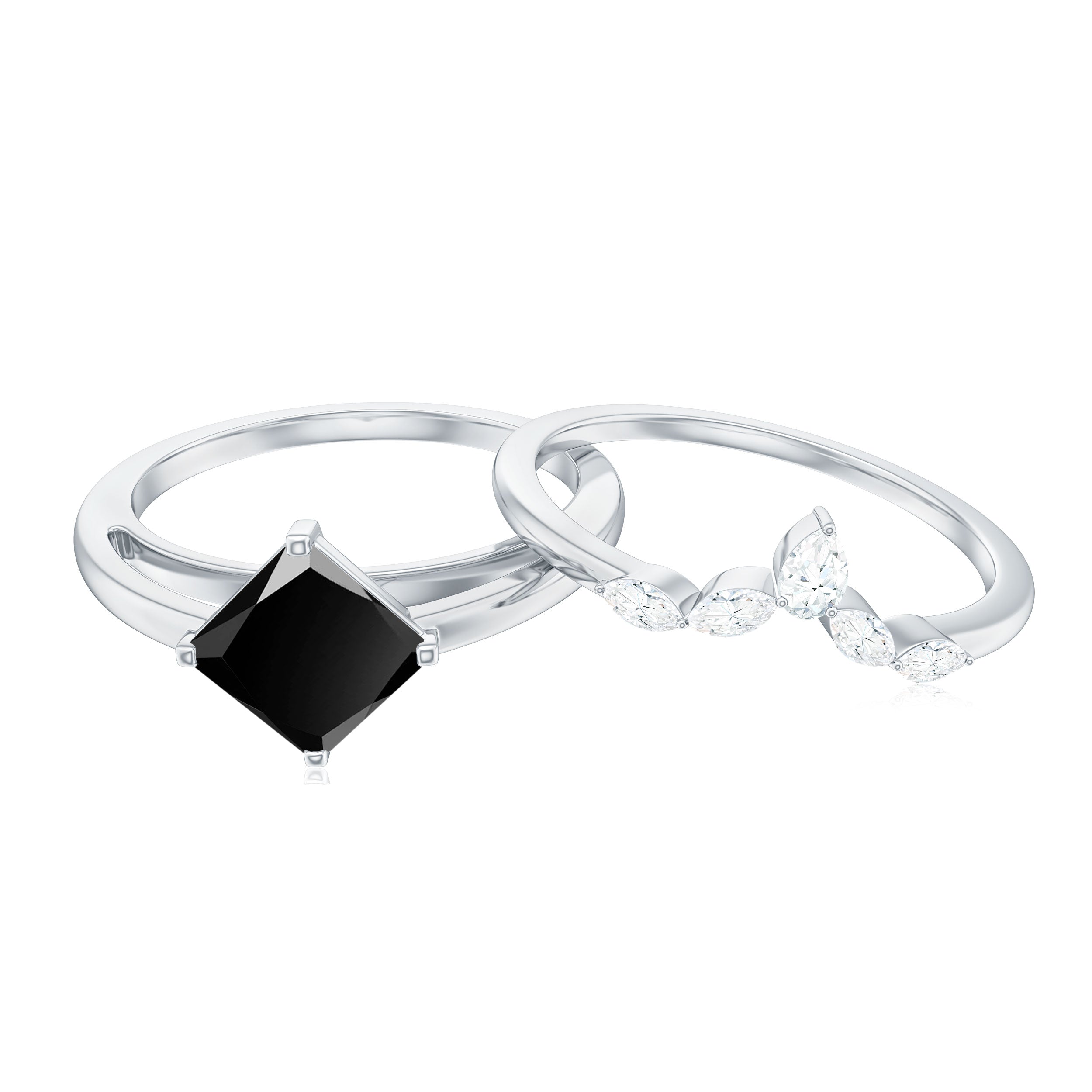 0.5 Carat Princess Cut Black Onyx Solitaire Rings Set with Diamond Enhancer