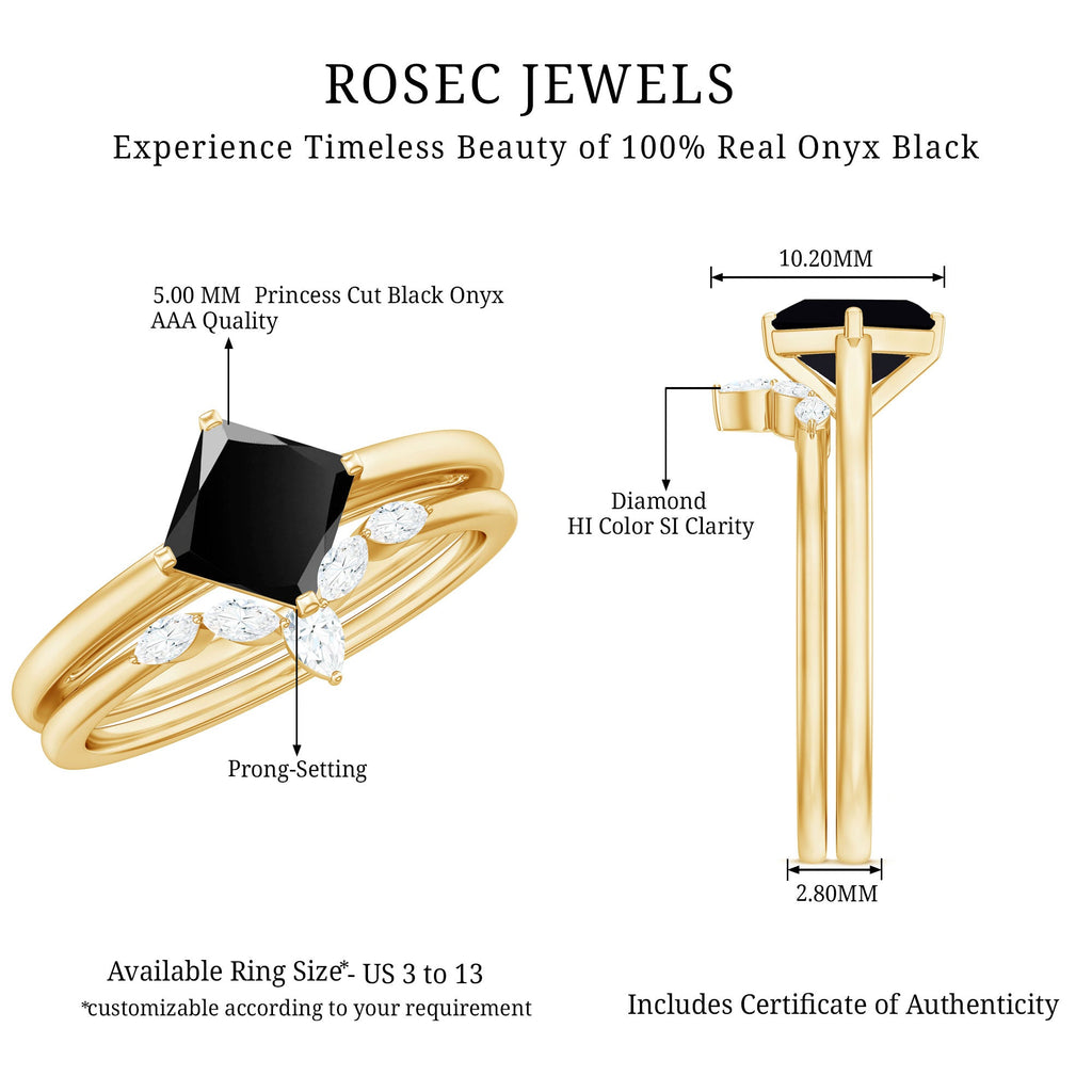 0.5 Carat Princess Cut Black Onyx Solitaire Rings Set with Diamond Enhancer