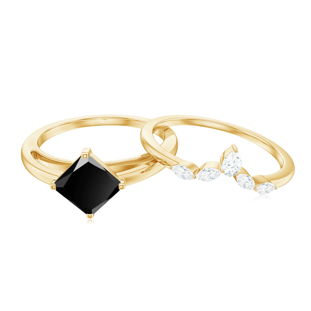 0.5 Carat Princess Cut Black Onyx Solitaire Rings Set with Diamond Enhancer