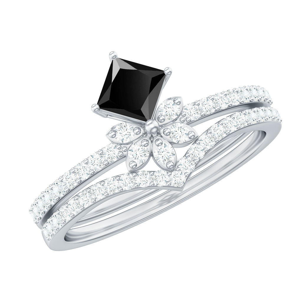 0.5 Carat Princess Cut Black Onyx Floral Ring Set with Diamond Band