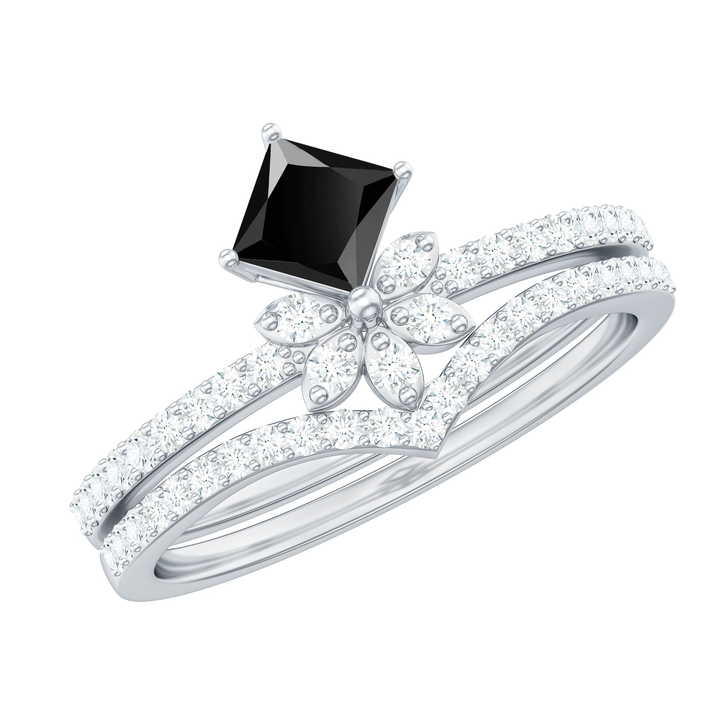 0.5 Carat Princess Cut Black Onyx Floral Ring Set with Diamond Band