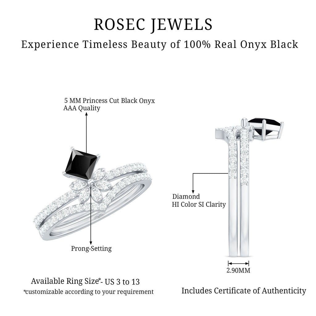 0.5 Carat Princess Cut Black Onyx Floral Ring Set with Diamond Band