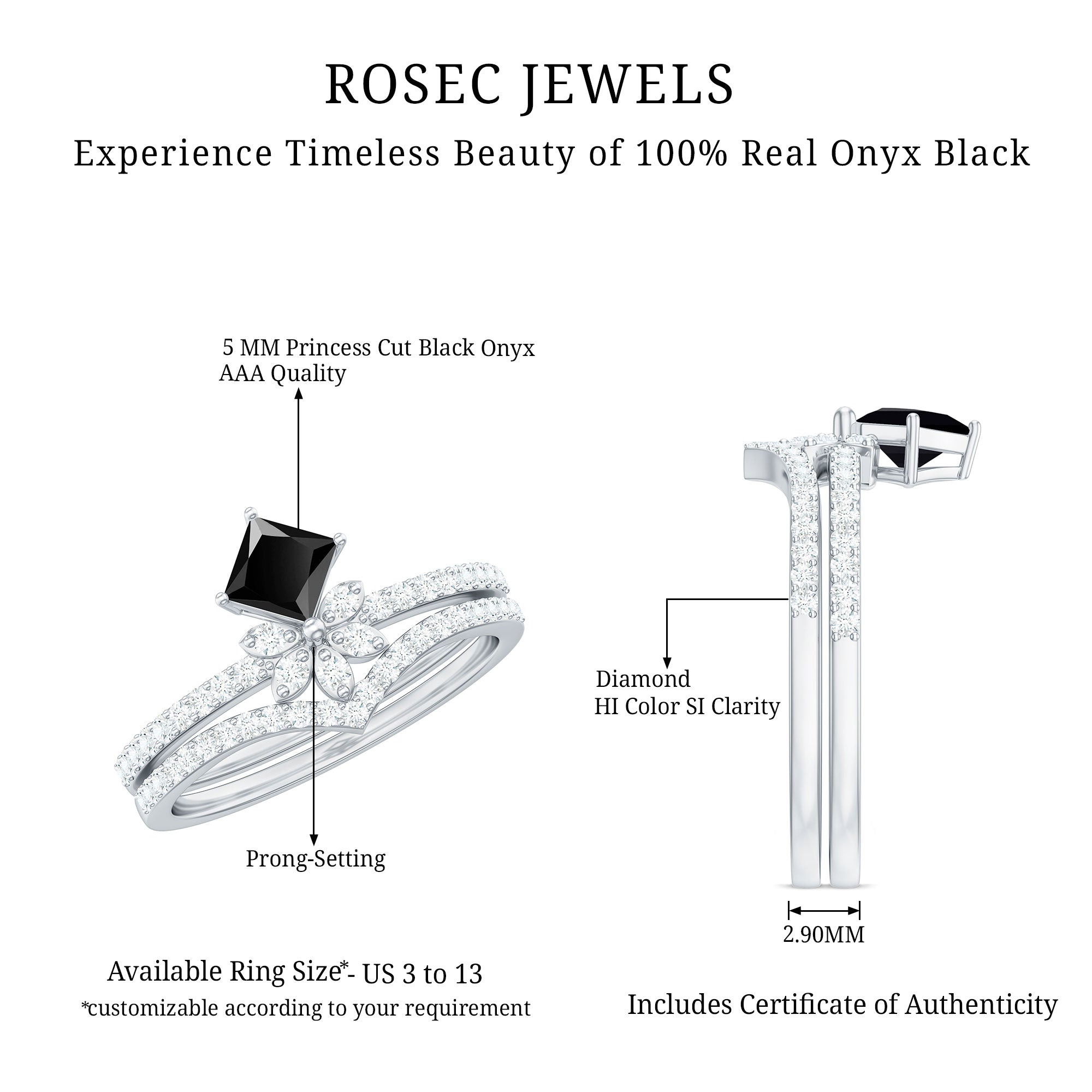 0.5 Carat Princess Cut Black Onyx Floral Ring Set with Diamond Band