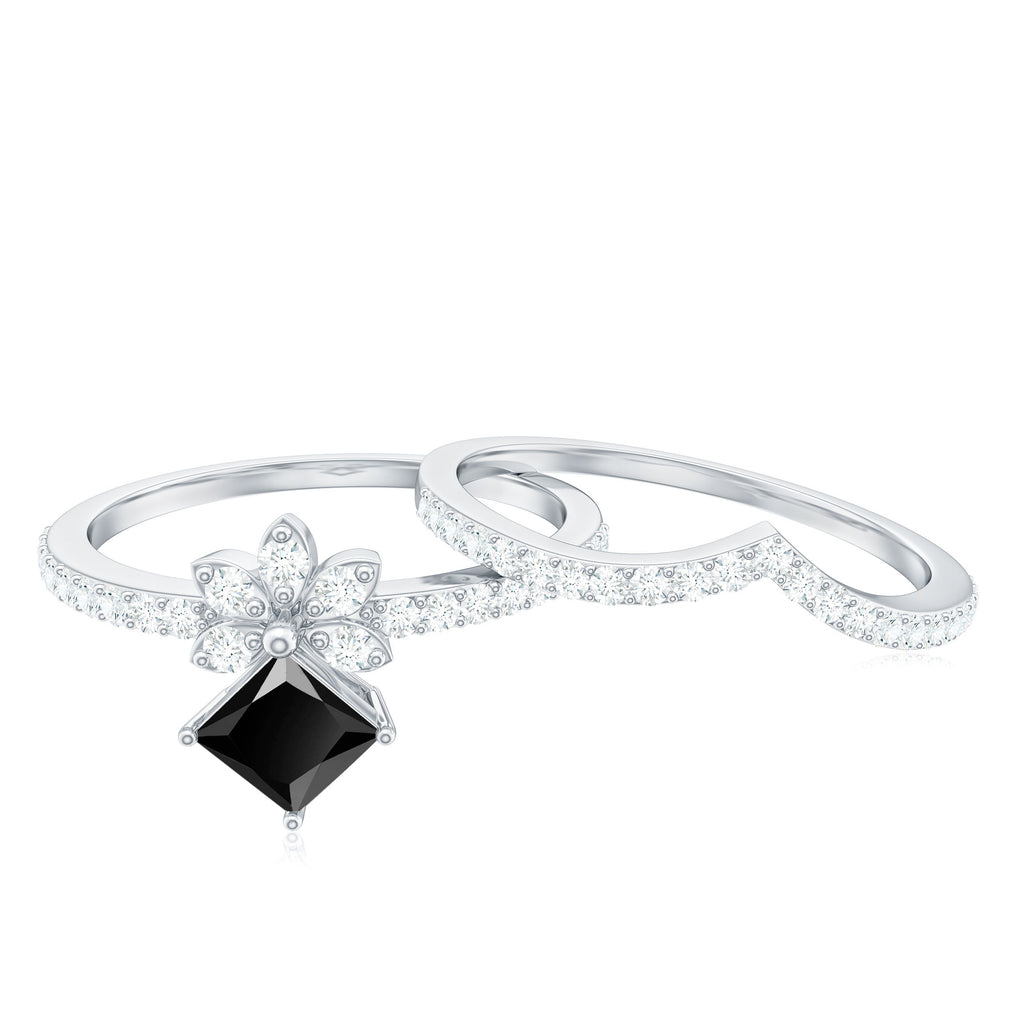0.5 Carat Princess Cut Black Onyx Floral Ring Set with Diamond Band