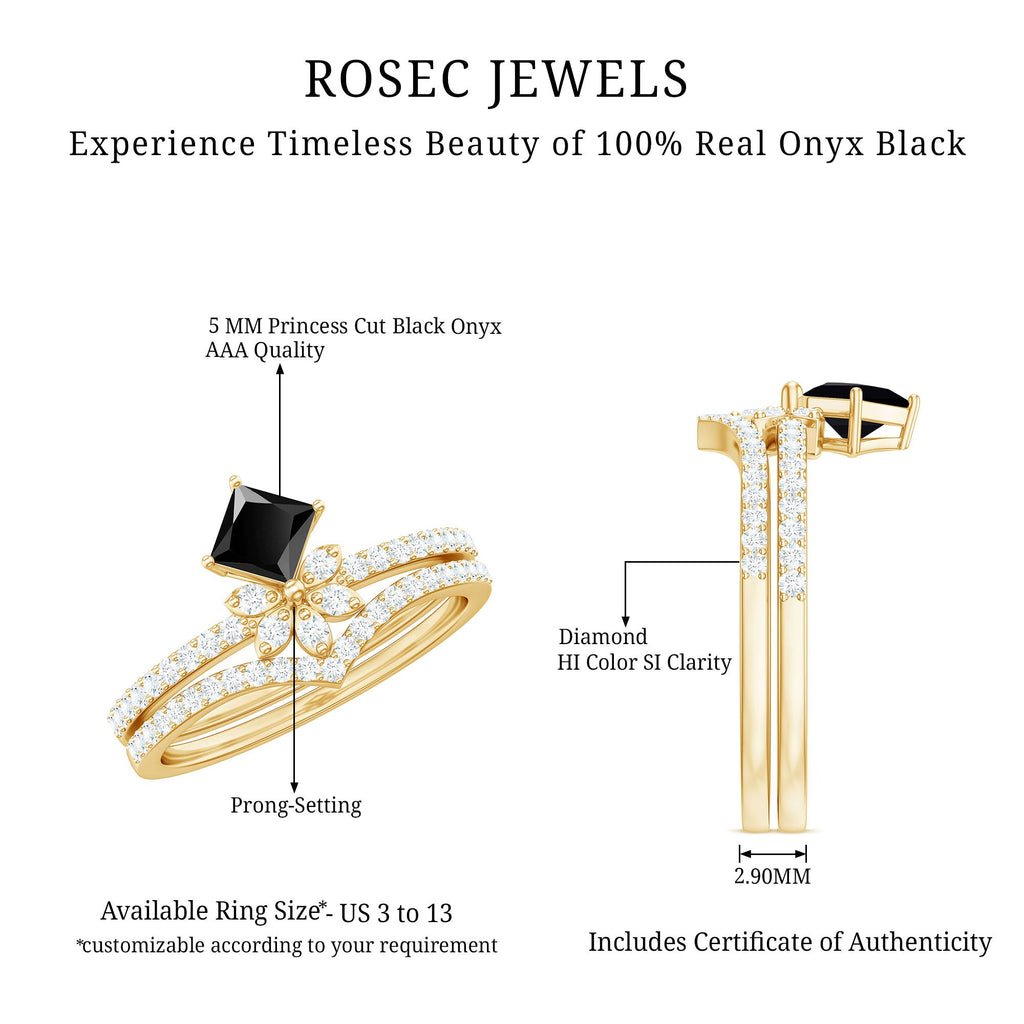 0.5 Carat Princess Cut Black Onyx Floral Ring Set with Diamond Band