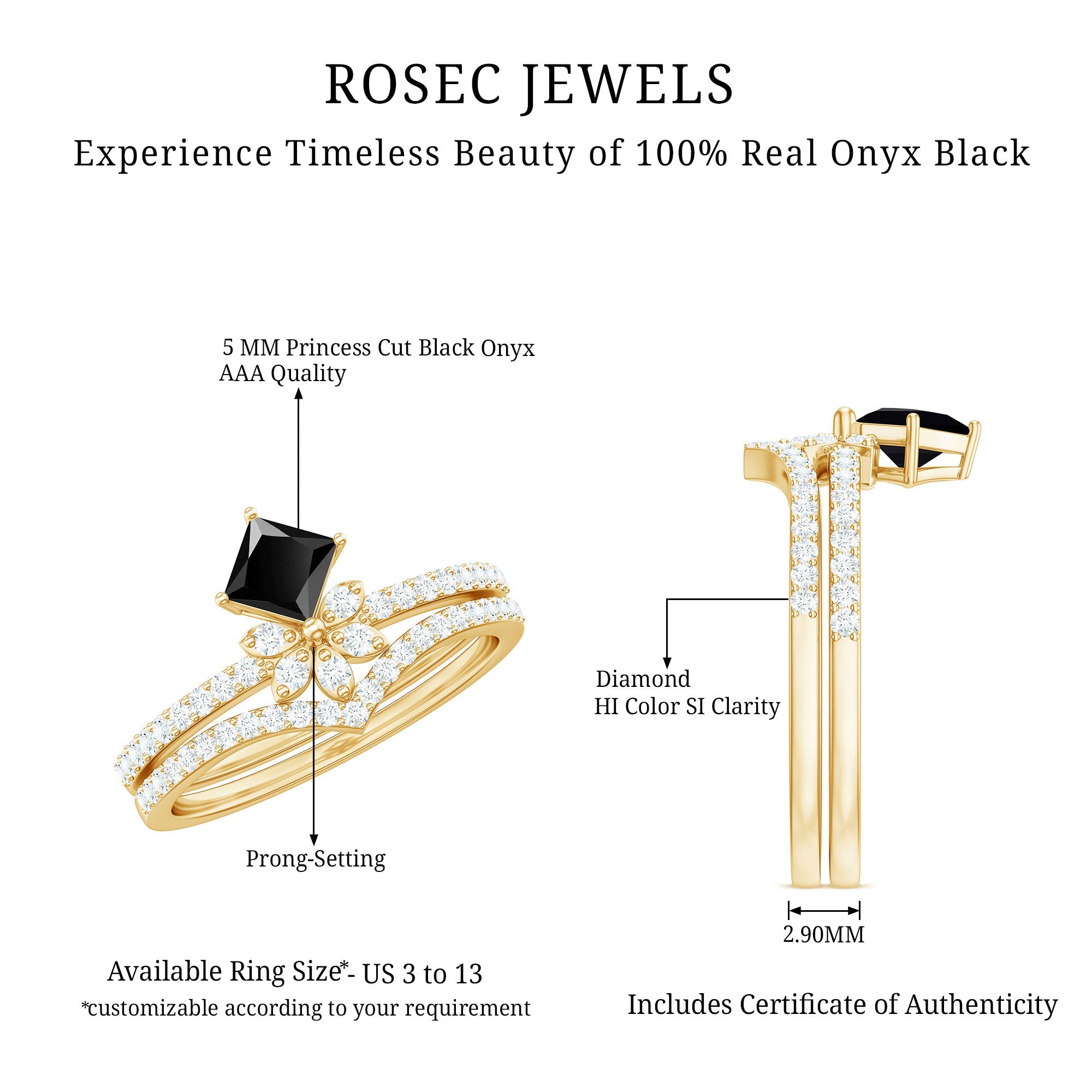 0.5 Carat Princess Cut Black Onyx Floral Ring Set with Diamond Band