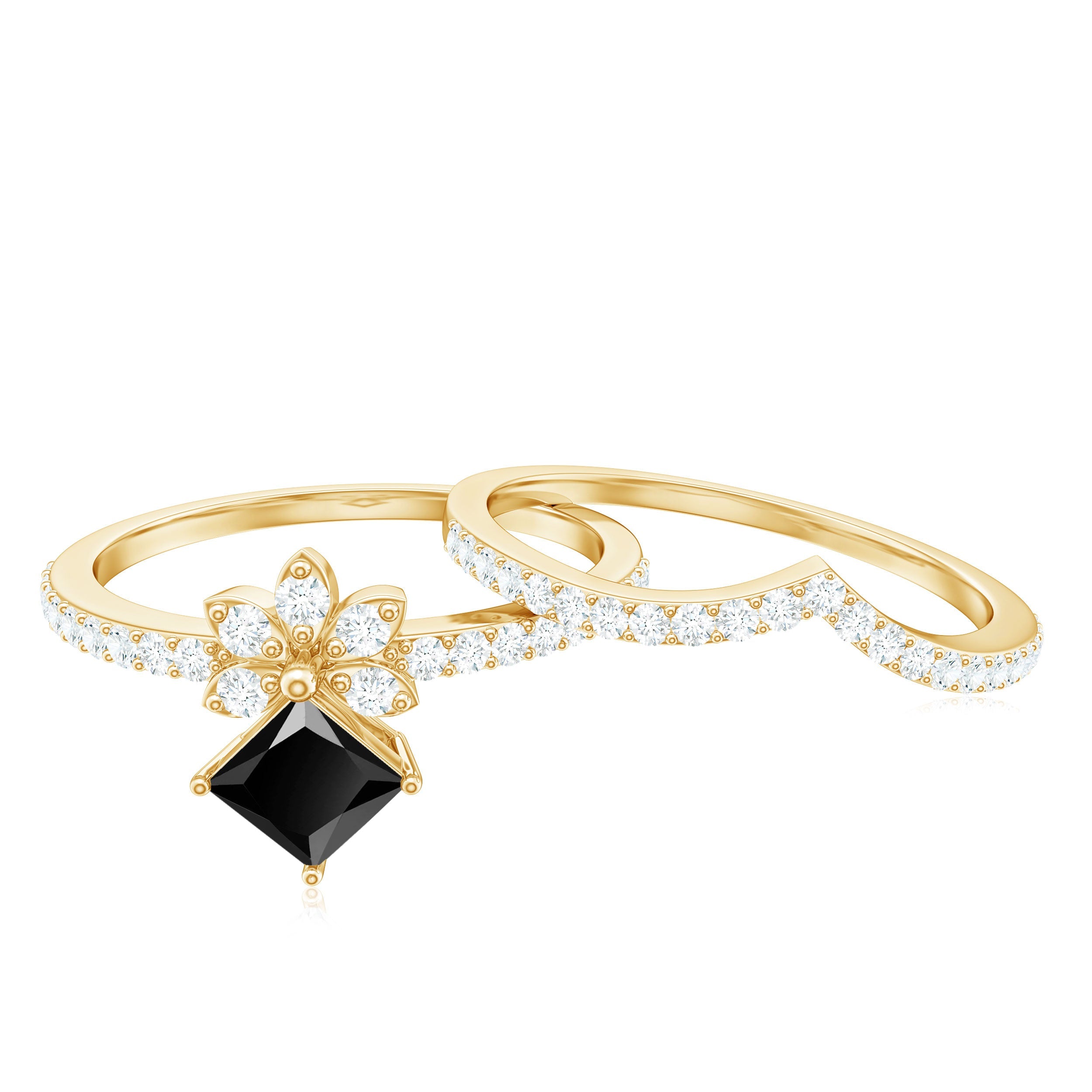 0.5 Carat Princess Cut Black Onyx Floral Ring Set with Diamond Band