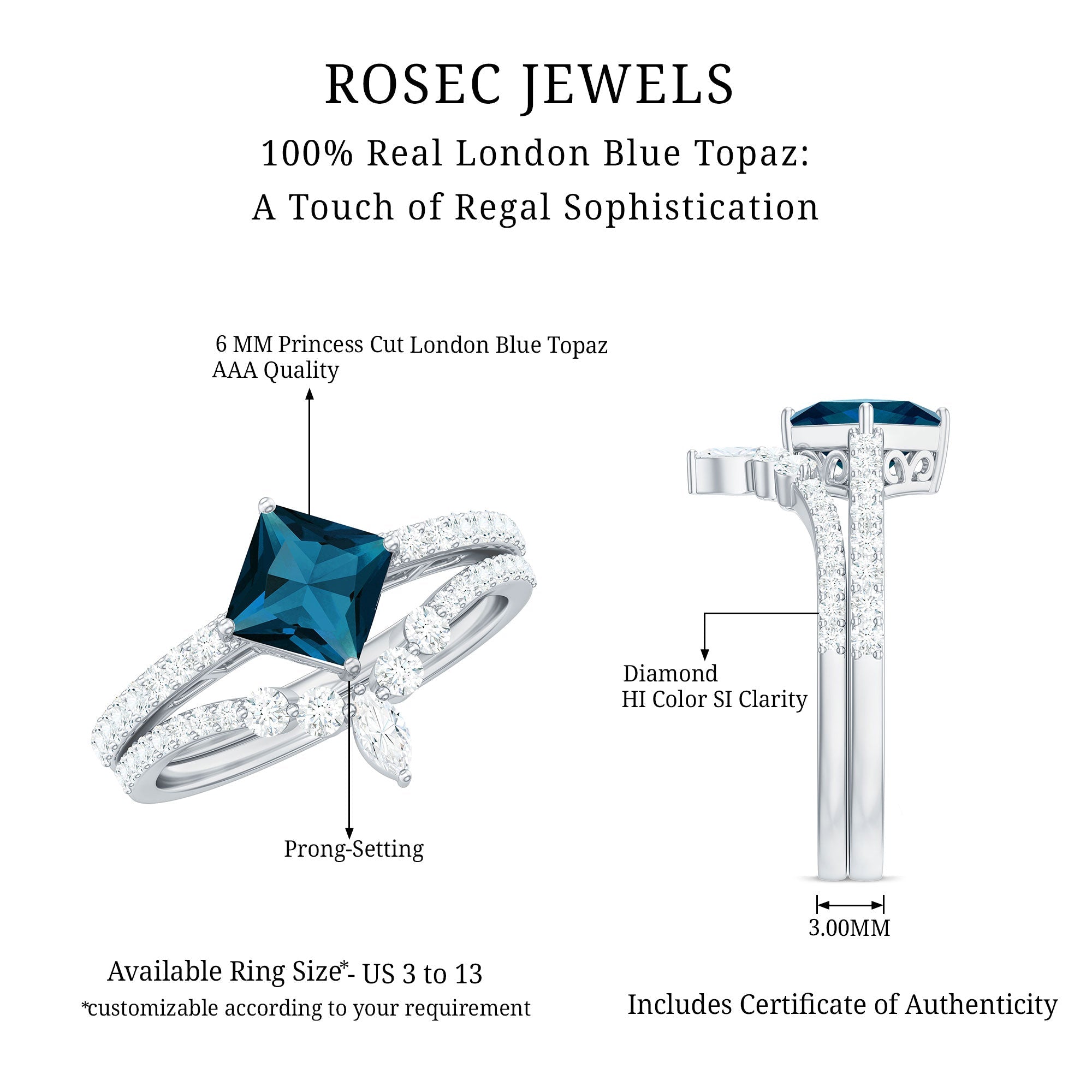 1 Carat Princess Cut London Blue Topaz and Diamond Wedding Ring Set