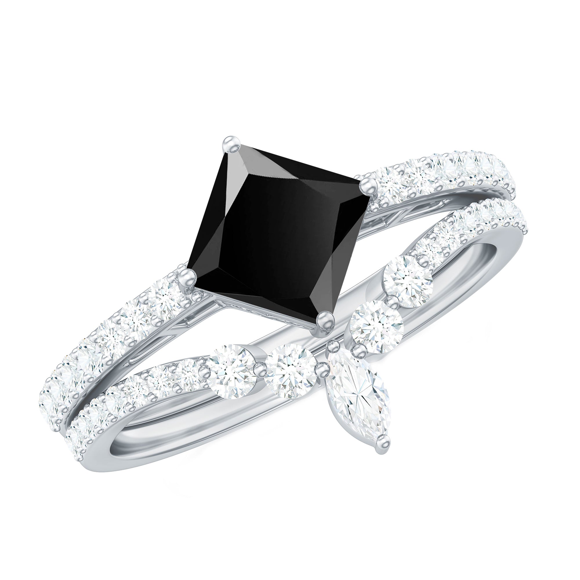0.5 Carat Princess Cut Black Onyx Designer Wedding Rings Set with Moissanite