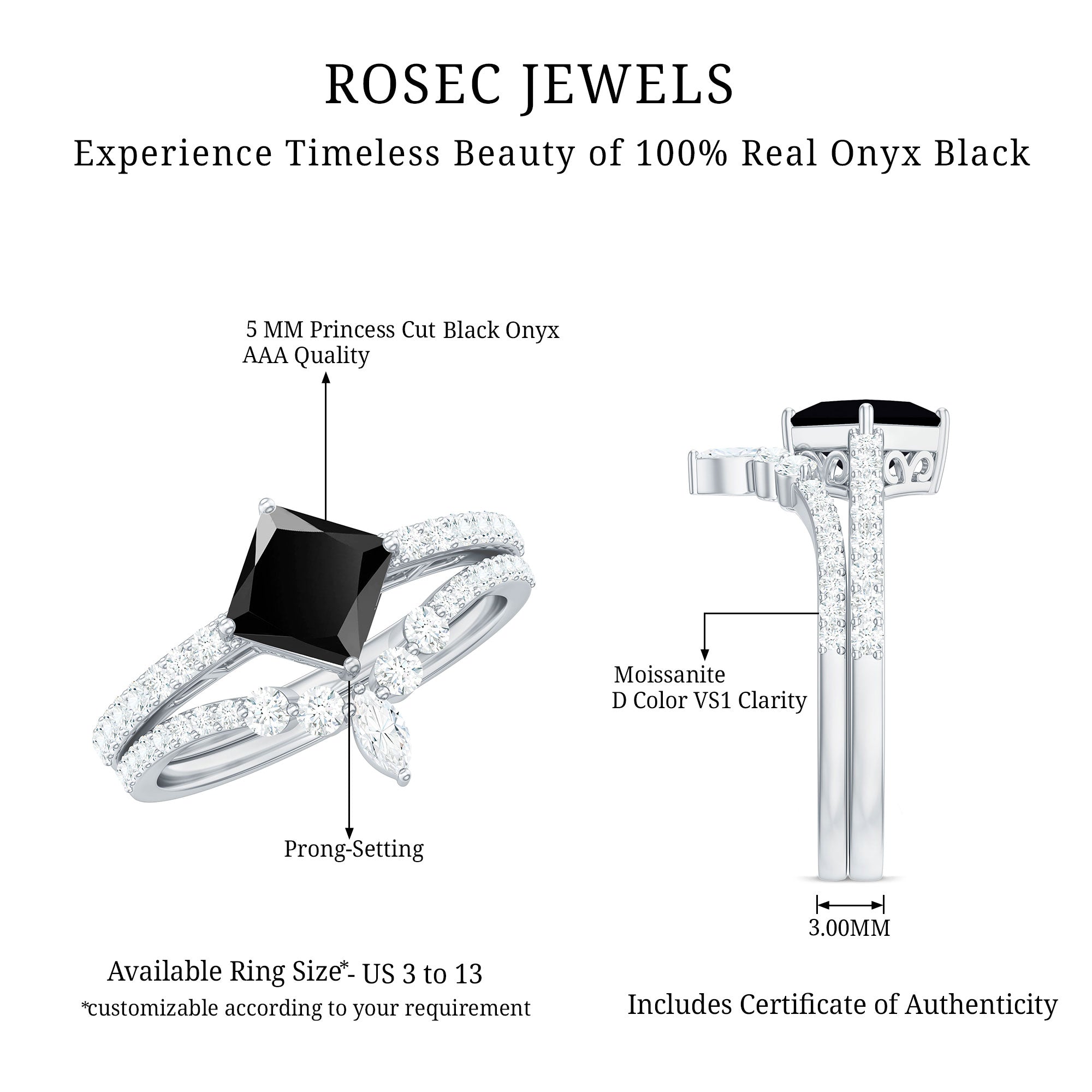 0.5 Carat Princess Cut Black Onyx Designer Wedding Rings Set with Moissanite